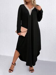 SHEIN LUNE Plus Contrast Lace Curved Hem Tee Dress - Black - View 5