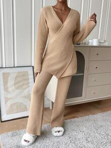 SHEIN LUNE Surplice Neck Sweater & Knit Pants - Apricot - View 5