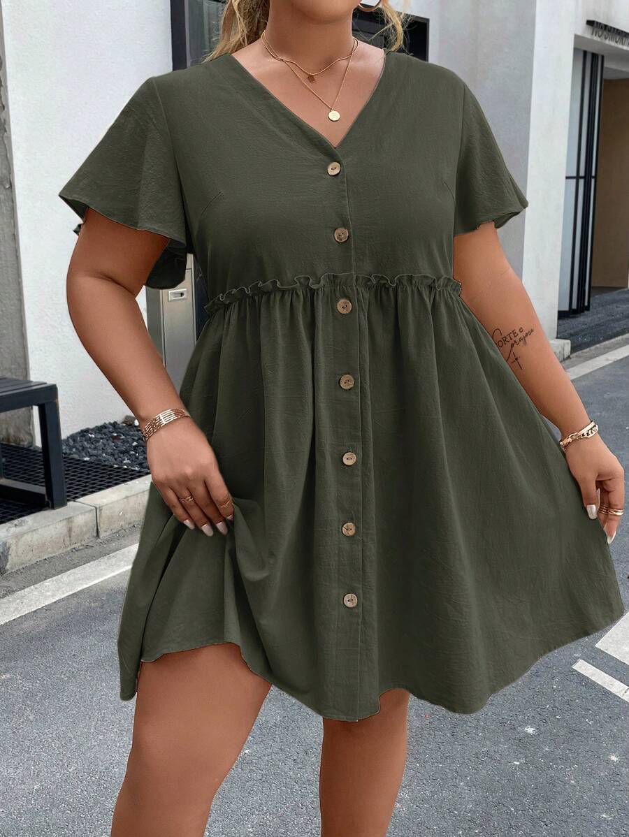 Vionelle Plus Button Front Frill Trim Smock Dress - Army Green - View 1