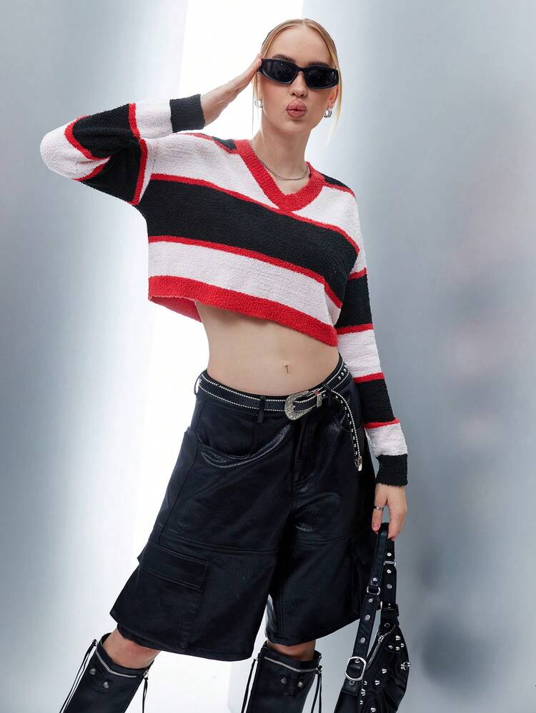 Colorblock Drop Shoulder Crop Knit Pullover Fall Winter Sweater