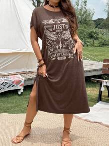 Breezaya Váy Maxi In Hình Chữ Cái Plus Chia Đùi Cho Nữ - Cà phê nâu - Xem 5