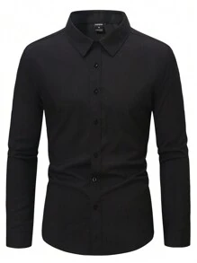 Manfinity Mode Men Solid Button Up Shirt Slim Fit Long Sleeve Plain Dress Shirt, Slim Fit Dress Shirt Men, Fitted Men Shirt, Black Shirt, Men Shirt, For Fall - Black - View 3