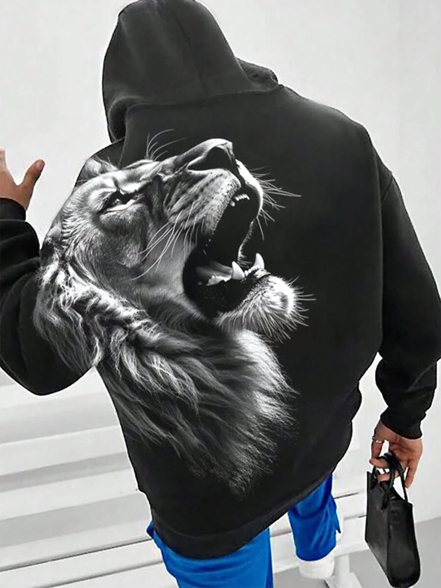 Manfinity LEGND Lỏng lẻo phù hợp Nam 3D Sư tử In Hoodie Với Túi kangaroo Và Dây rút - màu đen - Xem 1