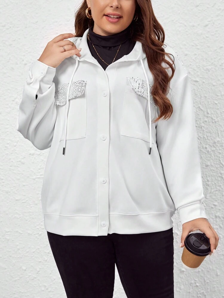 Plus Contrast Sequin Drop Shoulder Drawstring Hooded Jacket