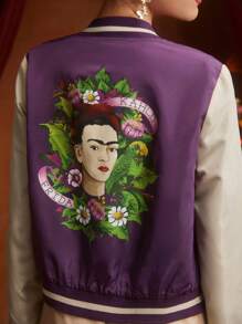 Frida Kahlo X SHEIN Casual College Style Two Tone Character Fun Print Baseball Uniform Jacket Spring And Autumn - Multicolor - View 6