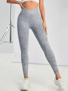 SHEIN Sports Thắt lưng băng rộng Quần Xà cạp thể thao - Màu Xám nhạt - Xem 2