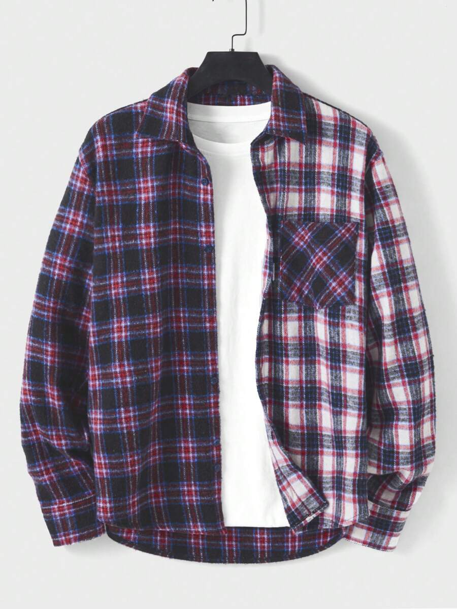 RueChic Men Plaid Print Colorblock Shacket Without Tee - Multicolor - View 1