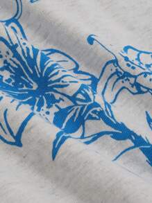 DAZY Letter & Floral Print Drop Shoulder Tee & Gingham Print Pants Lounge Set Pajama - Blue - View 6
