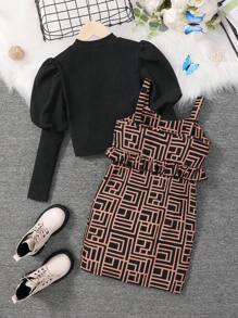 Tween Girl Geo Print Cami Dress & Gigot Sleeve Tee