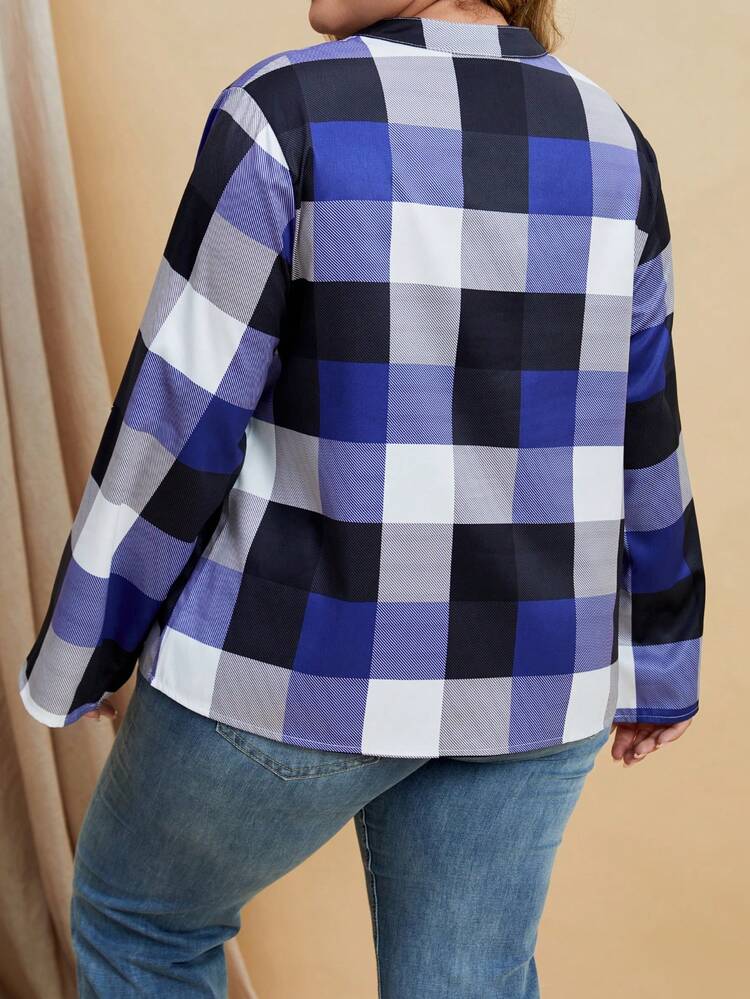 Plus Plaid Print Notched Neckline Blouse