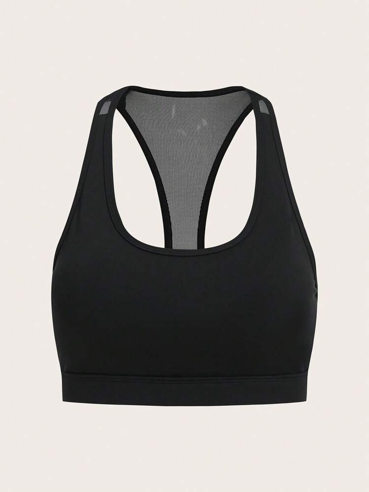 Solid Racerback Mesh Panel Sports Bra