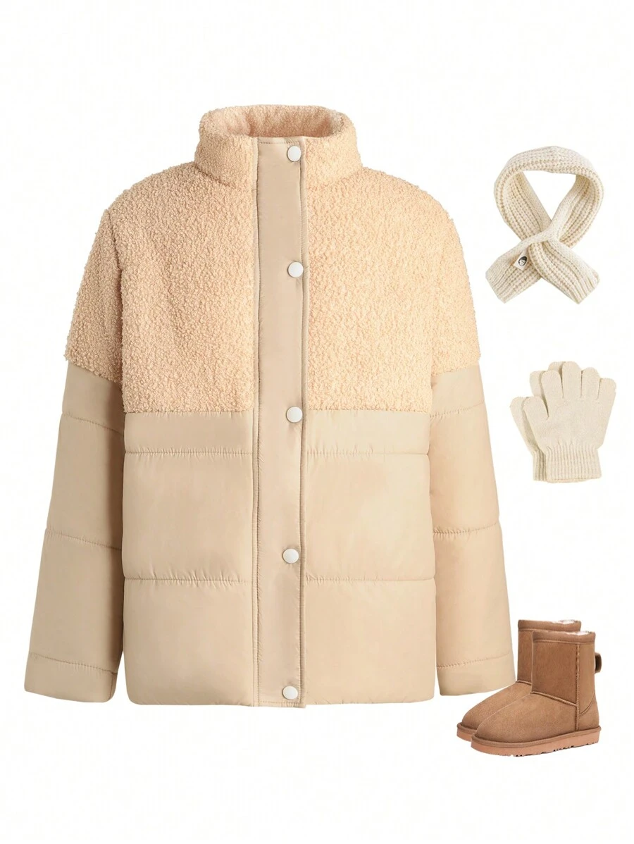 SHEIN Tween Girl Teddy Panel Padded Coat