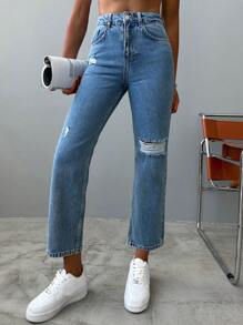 Cottnline High Waist Ripped Straight Leg Jeans - Blue - View 3