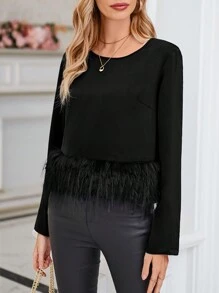 SHEIN LUNE Blusa unicolor con diseño lanudo - Negro - Ver 3