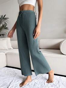 RueChic Pantalones de dormir de cintura con nudo tejido de canalé - Verde Oscuro - Ver 3