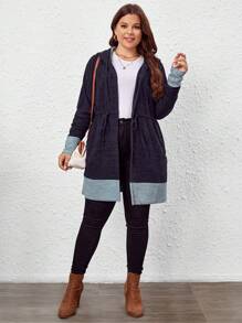 SHEIN LUNE 大碼雙色腰部抽繩連帽長款外套 - 彩色 - 查看 4