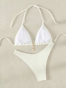 Swim Mod Summer Beach Solid Chain Detail Halter Triangle Bikini Set - Beige - View 2