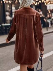 SHEIN LUNE Dual Pocket Roll Tab Sleeve Velvet Dress - Brown - View 2