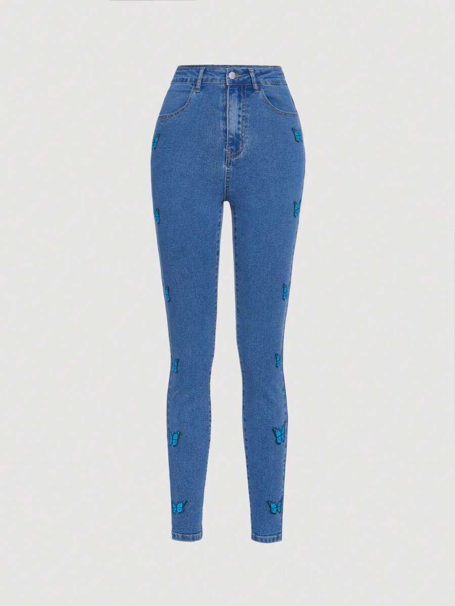 Teen Girl Butterfly Print Jeans - Medium Wash - View 1