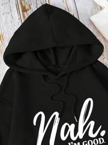 SHEIN LUNE 字母圖案袋鼠口袋抽繩連帽衫 - 黑色 - 查看 5