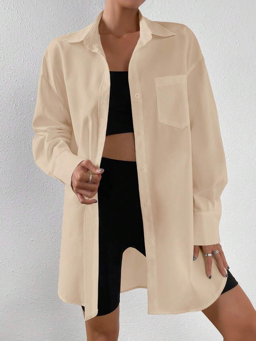 SHEIN EZwear Solid Drop Shoulder Pocket Patched Shirt - Apricot - View 1