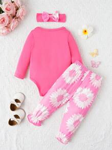 SHEIN 女嬰花卉和字母圖案連身背心&前蝴蝶結長褲＆ 頭巾 - 彩色 - 查看 2