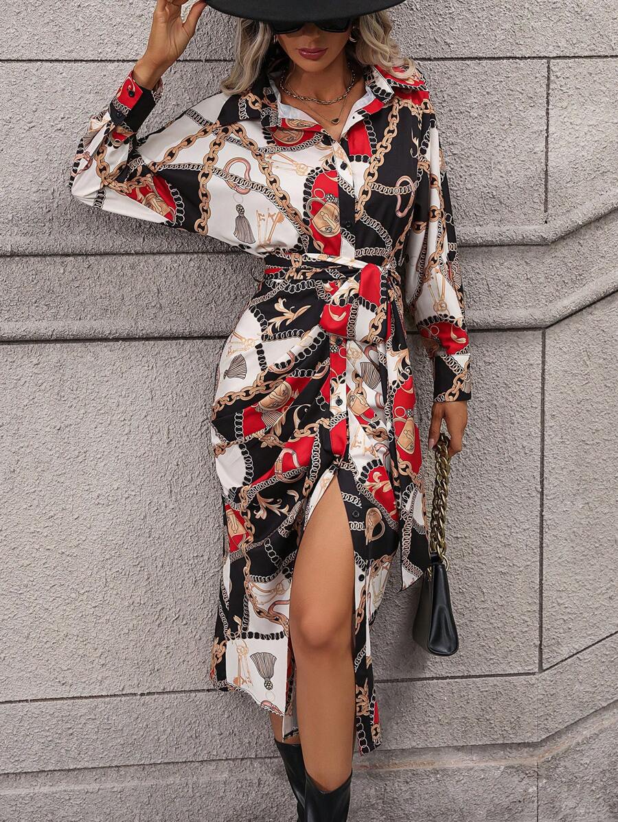 Chain Print Belted Shirt Dress SHEIN USA