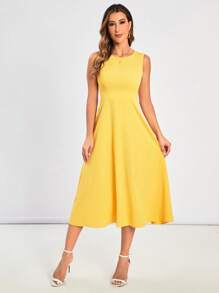 SHEIN Clasi Solid A-line Dress - Yellow - View 3
