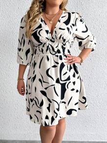 Calvaya Plus Allover Print Plunging Neck Dress - Black and White - View 3