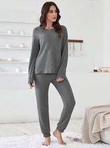 華夫格編織套頭衫和前繫帶衛褲休閒服套裝 - 深灰色 - 查看 3