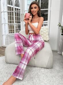 Rutigt tryck med knytband framtill, pyjamasbyxor, höst, vinter - Multifärgad - Visa 3