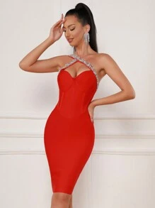 Modphy Black One Shoulder Diamond Sexy Tight Bandage Holiday Party Dress - Red - View 1