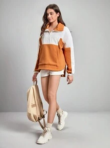 In My Nature Colorblock Half Zip Kangaroo Pocket Drop Shoulder Turtleneck Jacket - Coral Orange - View 5