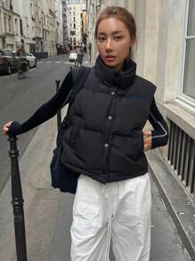 DAZY 字母图案按扣前背心加厚棉衣，女式冬季外套 - 黑色 - 查看 6