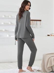 華夫格編織套頭衫和前繫帶衛褲休閒服套裝 - 深灰色 - 查看 2