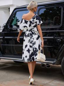 SHEIN Privé Brush Print Asymmetrical Neck Dress