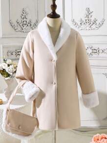 SHEIN Tween Girl 1pc Borg Collar Button Front Overcoat - Apricot - View 1