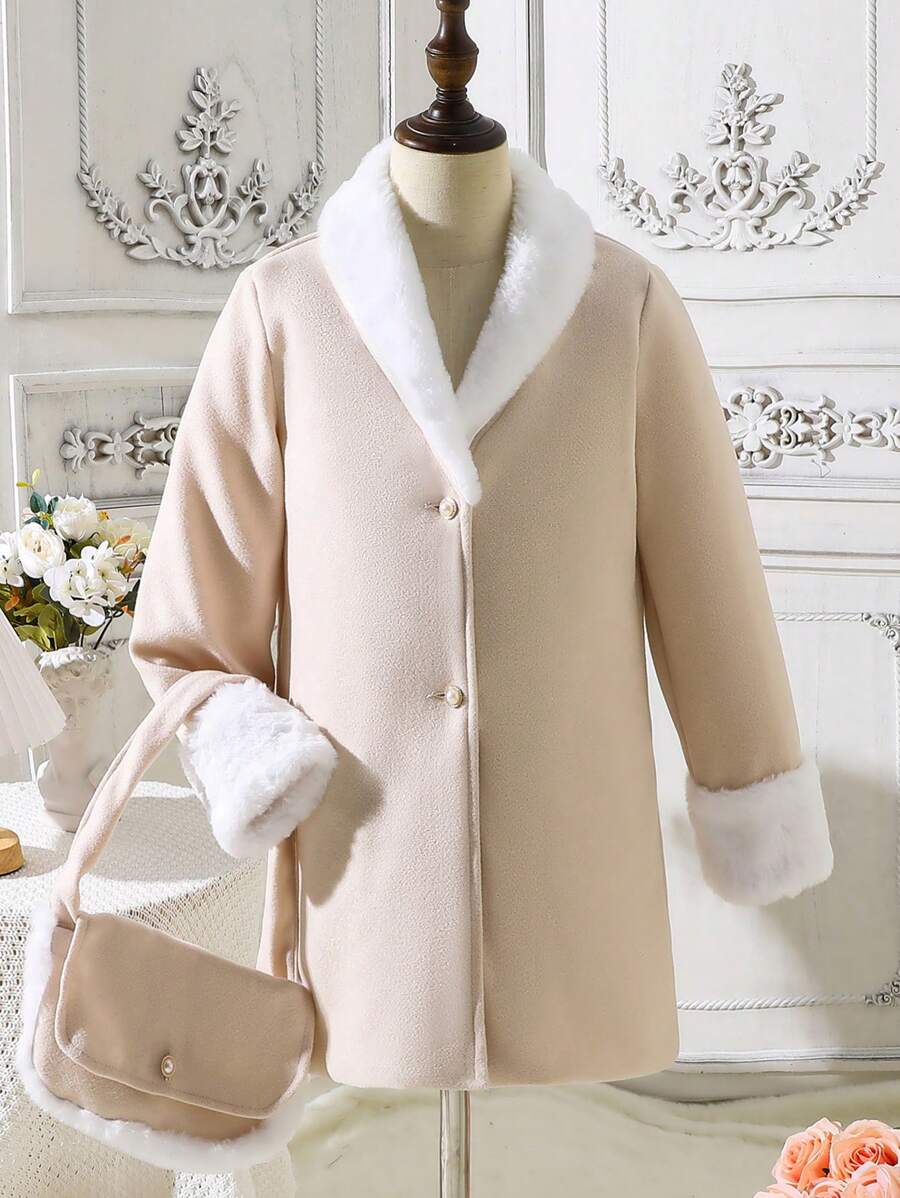 SHEIN Tween Girl 1pc Borg Collar Button Front Overcoat - Apricot - View 1