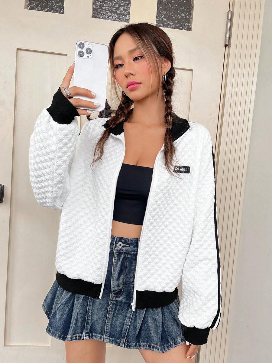 SHEIN EZwear Chi tiết Patched thư Tương phản Đường may bên Thả vai Áo khoác - Đen và trắng - Xem 1