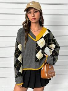 SHEIN Qutie Họa tiết Argyle Thả vai Áo len - Màu xám đen - Xem 6