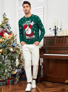 GENTILAND Hombres Suéter navideño con estampado de Papá Noel y eslogan - Verde Oscuro - Ver 4