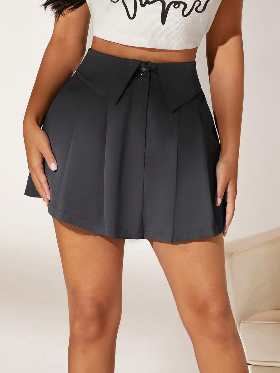 SHEIN SXY Eo chồng lên Chi tiết xếp li Váy - Màu xám đen - Xem 1