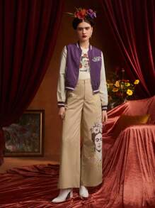 Frida Kahlo X SHEIN Casual College Style Two Tone Character Fun Print Baseball Uniform Jacket Spring And Autumn - Multicolor - View 4