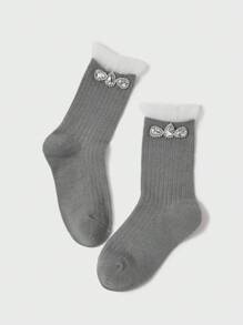 1pair Kids' Sparkly Bubble Edge Socks With Rhinestone Accent - Grey - View 1