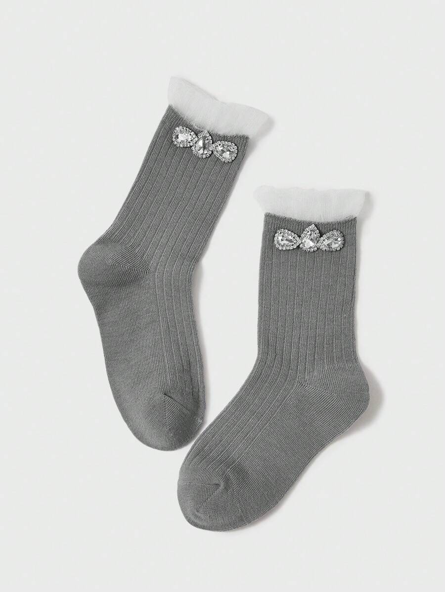 1pair Kids' Sparkly Bubble Edge Socks With Rhinestone Accent - Grey - View 1