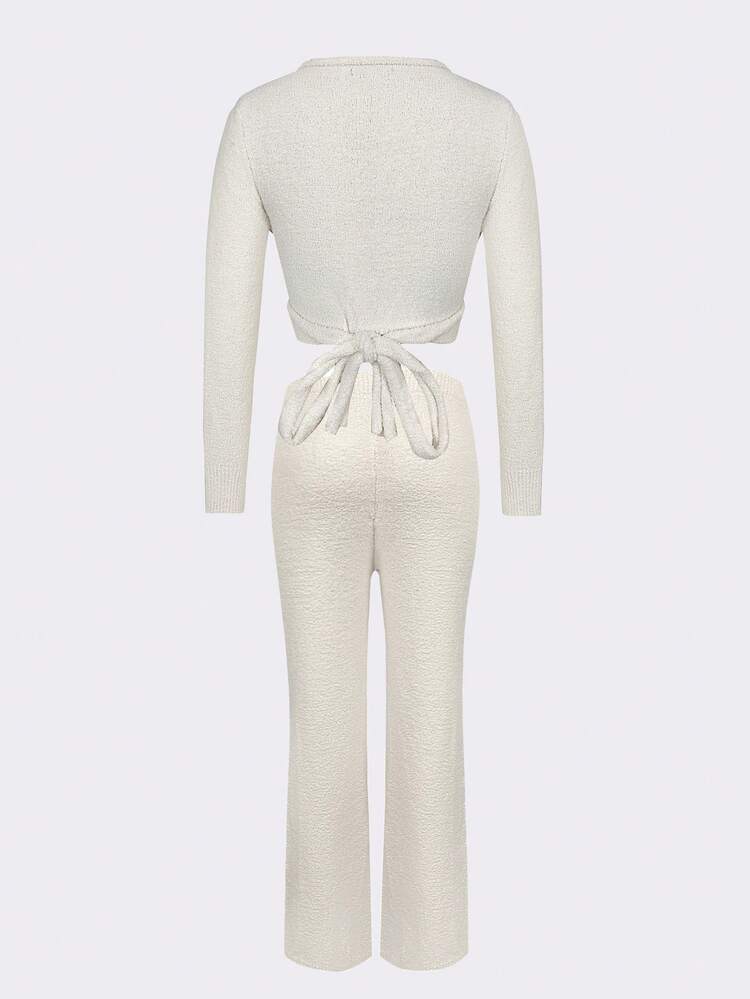 Solid Wrap Tie Back Sweater & Knit Pants Fall Cloth For Women