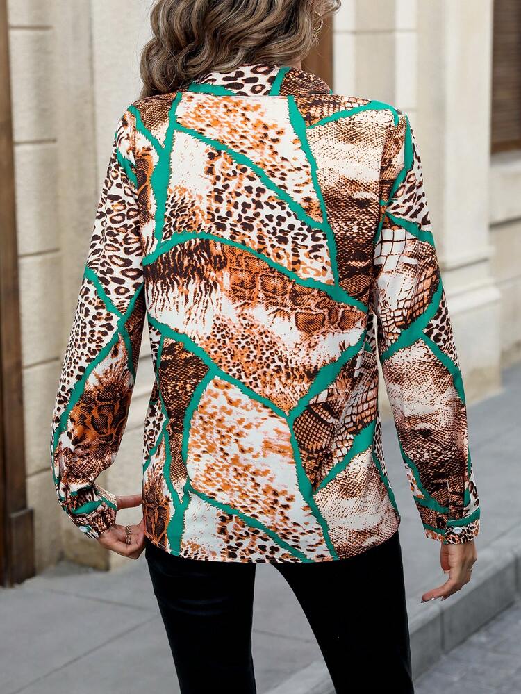 Patchwork Print Button Front Shirt Fall Cloth For Women