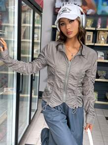SHEIN EZwear Dây kéo Xù Áo khoác - Xám - Xem 3