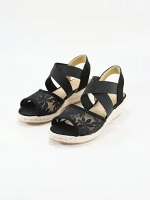 女士时尚草编网眼透气休闲度假厚底坡跟凉鞋 - 黑色 - 查看 7