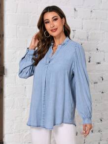 SHEIN LUNE 凹口領口燈籠袖女士上衣，春季女式襯衫 - 淺色水洗藍 - 查看 4